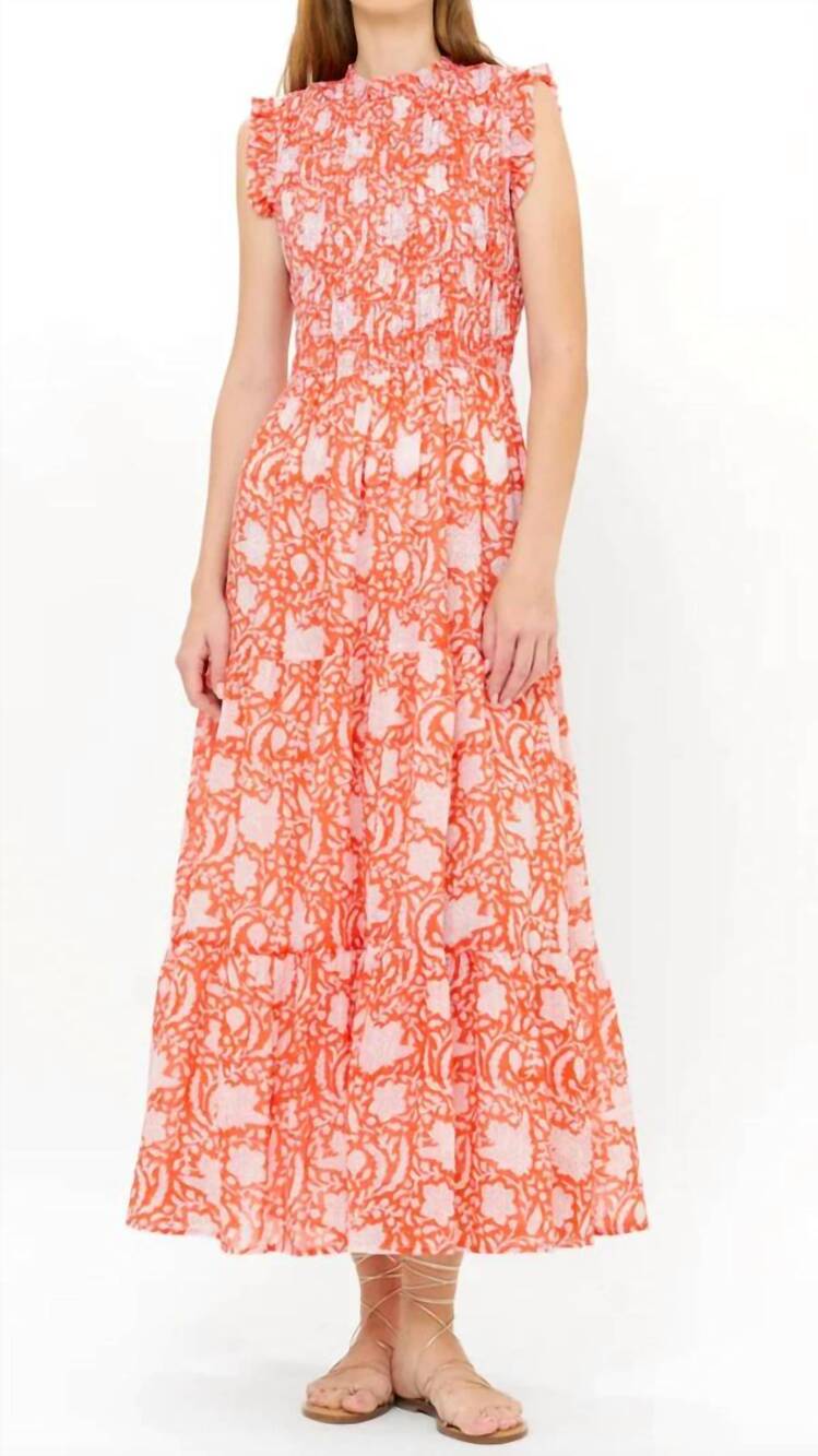NEW OLIPHANT sleeveless smocked midi dress in ivory orange